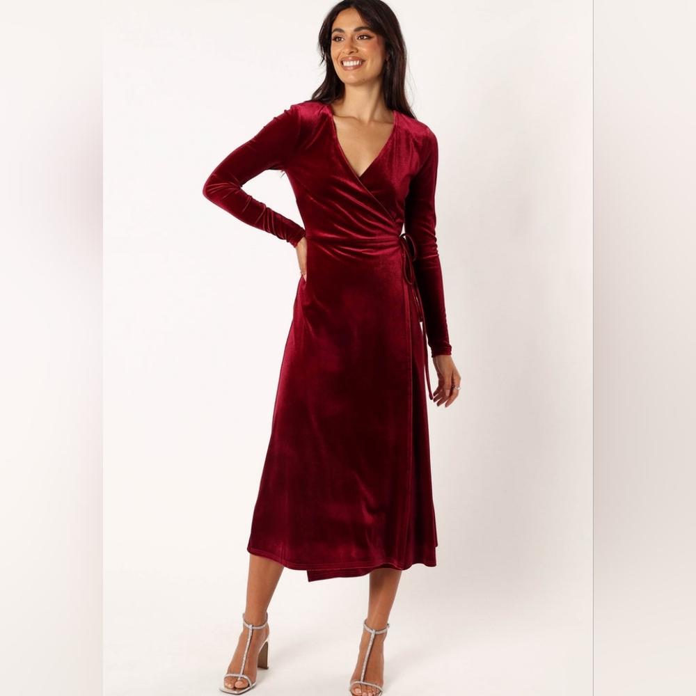 Petal & Pup Darby Long Sleeve Midi Dress, XS, Burgundy/Deep Pink